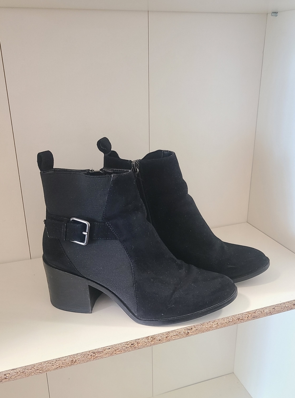 Zara Black Suede Ankle Boots with Side Buckle and Zipper